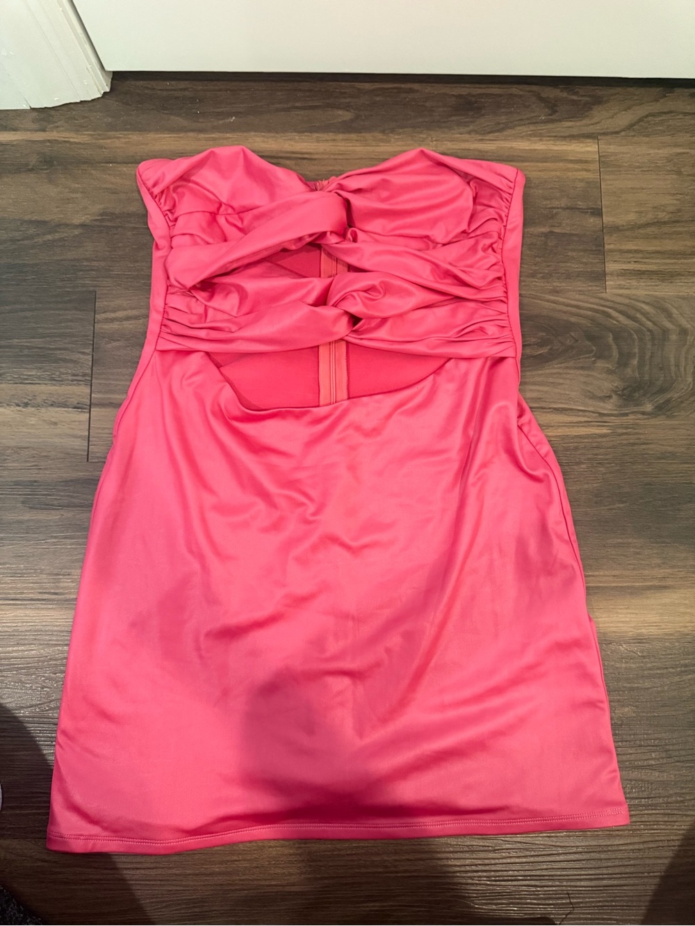 Lucy in the Sky Strapless Twist-Back Dress in Coral Pink